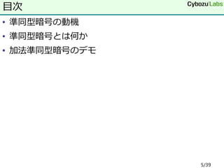 • 準同型暗号の動機
• 準同型暗号とは何か
• 加法準同型暗号のデモ
目次
5/39
 