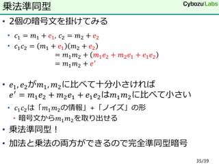 • 2個の暗号文を掛けてみる
• 𝑐1 = 𝑚1 + 𝑒1, 𝑐2 = 𝑚2 + 𝑒2
• 𝑐1 𝑐2 = 𝑚1 + 𝑒1 𝑚2 + 𝑒2
= 𝑚1 𝑚2 + 𝑚1 𝑒2 + 𝑚2 𝑒1 + 𝑒1 𝑒2
= 𝑚1 𝑚2 + 𝑒′
• 𝑒1, 𝑒2が𝑚1, 𝑚2に比べて十分小さければ
𝑒′ = 𝑚1 𝑒2 + 𝑚2 𝑒1 + 𝑒1 𝑒2は𝑚1 𝑚2に比べて小さい
• 𝑐1 𝑐2は「𝑚1 𝑚2の情報」+「ノイズ」の形
• 暗号文から𝑚1 𝑚2を取り出せる
• 乗法準同型！
• 加法と乗法の両方ができるので完全準同型暗号
乗法準同型
35/39
 