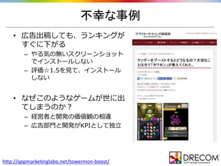 不幸な事例
http://appmarketinglabo.net/towermon-boost/
• 広告出稿しても、ランキングが
すぐに下がる
– やる気の無いスクリーンショット
でインストールしない
– 評価☆1.5を見て、インストール
しない
• なぜこのようなゲームが世に出
てしまうのか？
– 経営者と開発の価値観の相違
– 広告部門と開発がKPIとして独立
 