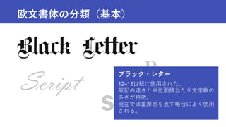 欧文書体の分類（基本）
Roman
Sans Serif
Script ブラック・レター
12–15世紀に使用された。
筆記の速さと単位面積当たり文字数の
多さが特徴。
現在では重厚感を表す場合によく使用
される。
 