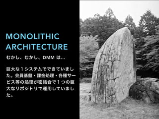 むかし、むかし、DMM は…
巨大な１システムでできていまし
た。会員基盤・課金処理・各種サー
ビス等の処理が密結合で１つの巨
大なリポジトリで運用していまし
た。
MONOLITHIC
ARCHITECTURE
 