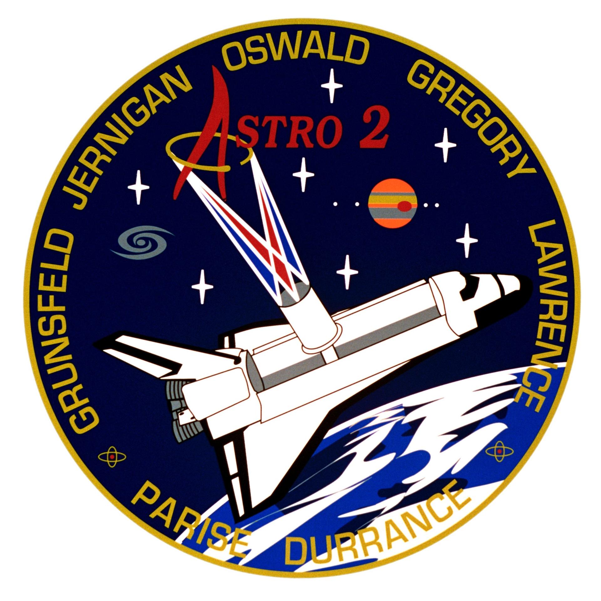 STS067-S-001 (October 1994) --- Observation and remote exploration of the Universe in the ultraviolet wavelengths of light are the focus of the STS-67/ASTRO-2 mission, as depicted in the crew patch designed by the crew members. The insignia shows the ASTRO-2 telescopes in the space shuttle Endeavour's payload bay, orbiting high above Earth's atmosphere. The three sets of rays, diverging from the telescope on the patch atop the Instrument Pointing System (IPS), correspond to the three ASTRO-2 telescopes -- the Hopkins Ultraviolet Telescope (HUT), the Ultraviolet Imaging Telescope (UIT), and the Wisconsin Ultraviolet Photo-Polarimeter Experiment (WUPPE).  The telescopes are co-aligned to simultaneously view the same astronomical object, as shown by the convergence of rays on the NASA symbol. This symbol also represents the excellence of the union of the NASA teams and universality's in the exploration of the universe through astronomy.  The celestial targets of ASTRO-2 include the observation of planets, stars and galaxies shown in the design. The two small atoms represent the search in the ultraviolet spectrum for the signature of primordial helium in intergalactic space left over from the Big Bang. The observations performed on ASTRO-2 will contribute to man's knowledge and understanding of the vast universe, from the planets in out system to the farthest reaches of space.    The NASA insignia design for space shuttle flights is reserved for use by the astronauts and for other official use as the NASA Administrator may authorize. Public availability has been approved only in the forms of illustrations by the various news media. When and if there is any change in this policy, which is not anticipated, the change will be publicly announced. Photo credit: NASA