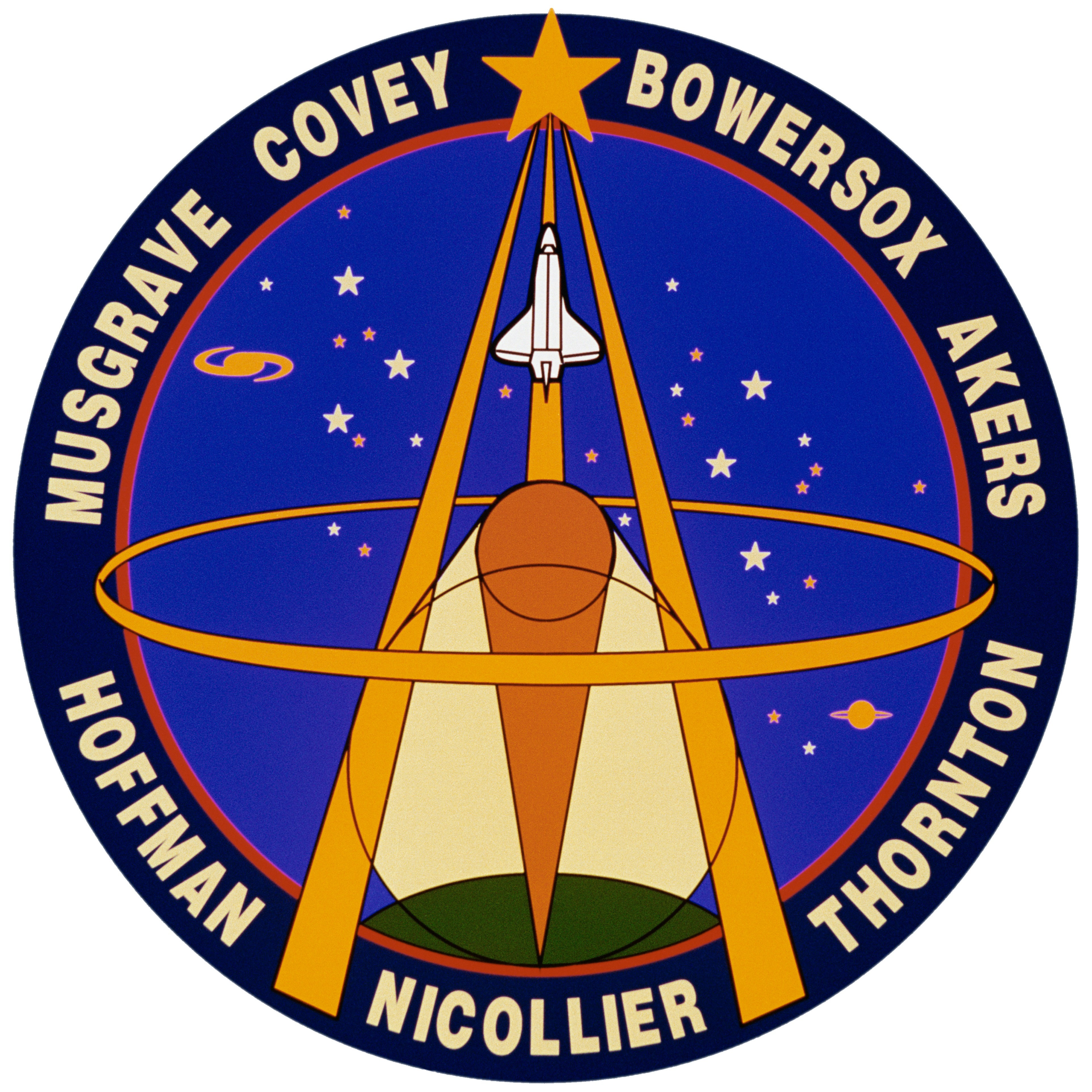 STS061-S-001 (1 Oct. 1993) --- Designed by the crew members, the STS-61 crew insignia depicts the astronaut symbol superimposed against the sky with the Earth underneath. Also seen are two circles representing the optical configuration of the Hubble Space Telescope (HST). Light is focused by reflections from a large primary mirror and a smaller secondary mirror. The light is analyzed by various instruments and, according to the crew members, "brings to us on Earth knowledge about planets, stars, galaxies and other celestial objects, allowing us to better understand the complex physical processes at work in the universe." The space shuttle Endeavour is also represented as the fundamental tool that allows the crew to perform the first servicing of the Hubble Space Telescope so its scientific deep space mission may be extended for several years to come. The overall design of the emblem, with lines converging to a high point, is also a symbolic representation of the large-scale Earth-based effort -- which involves space agencies, industry and the universities -- to reach goals of knowledge and perfection.    The NASA insignia design for space shuttle flights is reserved for use by the astronauts and for other official use as the NASA Administrator may authorize. Public availability has been approved only in the forms of illustrations by the various news media. When and if there is any change in this policy, which is not anticipated, the change will be publicly announced. Photo credit: NASA