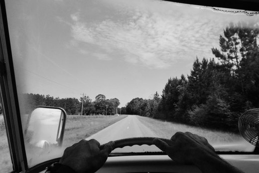 black and white pov shot of driving the bus photographed by Scott Gilbertson