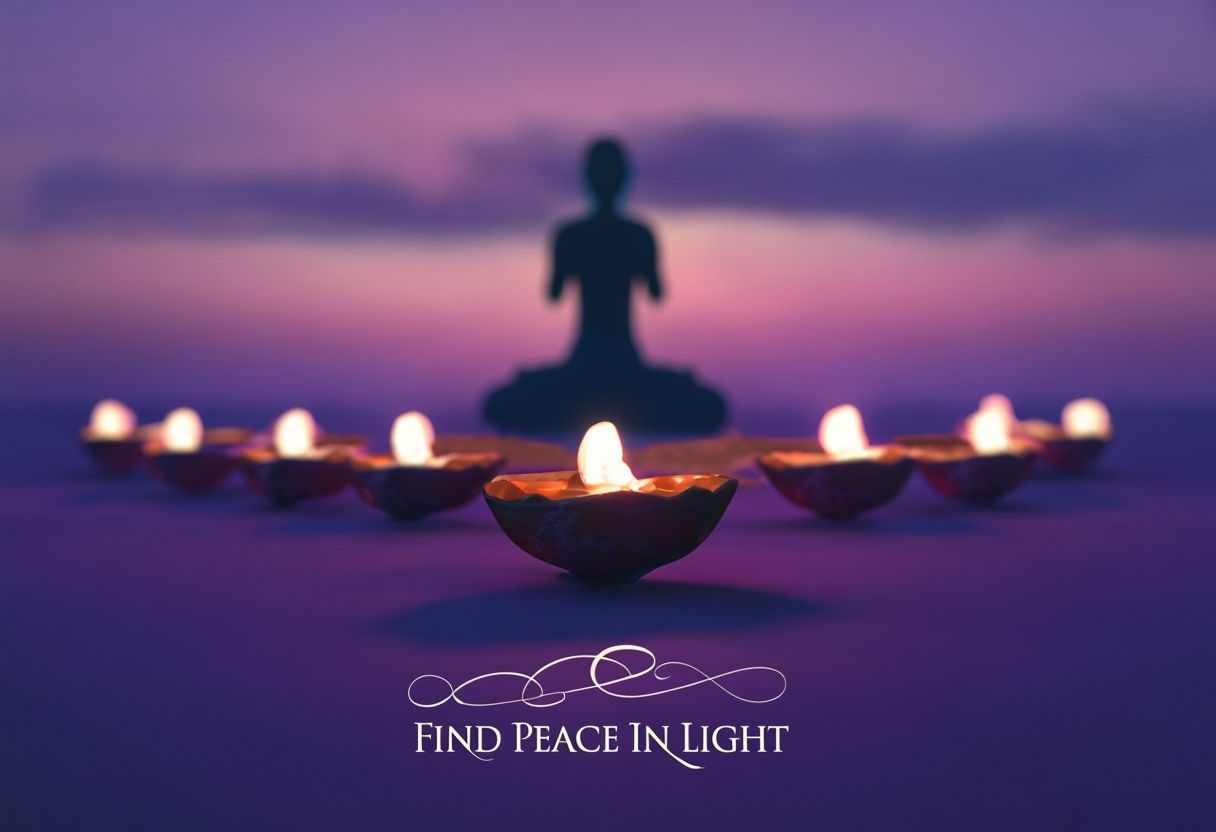 Tranquil Meditation with Glowing Diyas and 'Find Peace in Light' Poster