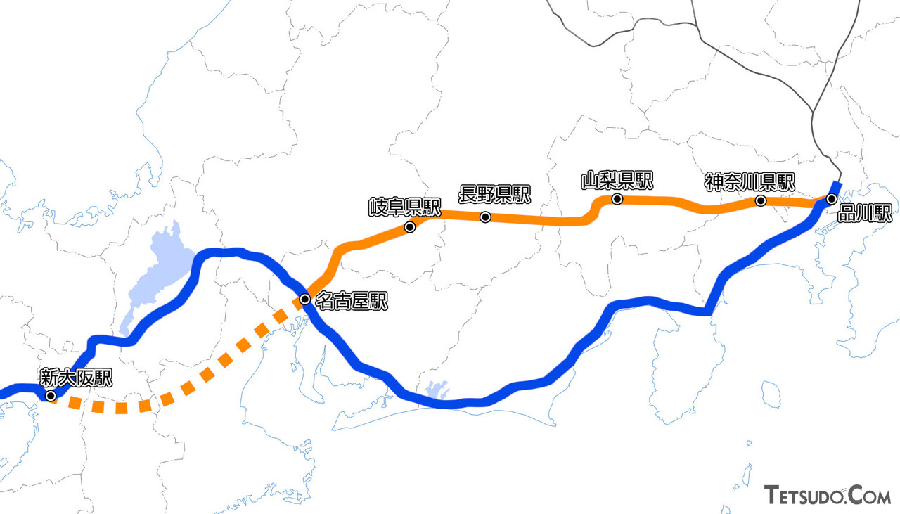 東海道新幹線（青色）の代替ルートとなるリニア中央新幹線（橙色・途中駅は仮称・名古屋～新大阪間はルート未確定）（国土地理院「地理院地図Vector」の淡色地図に加筆）