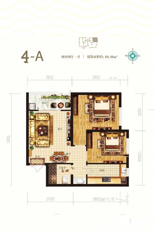 广安云棠2室2厅1卫69.1㎡户型图