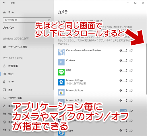 カメラ や マイクのアクセス許可の変更は「設定」＞「プライバシー」の中