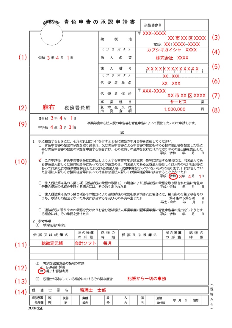 青色申告の承認申請書の記載例