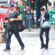 Pregnant actress Jennifer Love Hewitt and her fiance Brian Hallisay leaving their hotel on a rainy day in New York City, New York on August 22, 2013