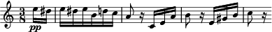 \relative e'' {\clef "treble" \time 3/8 \key c \major \partial 8 \stemDown e16\pp
  \stemDown dis16 | % 1
  \stemDown e16 \stemDown dis \stemDown e \stemDown b \stemDown
  d16 \stemDown c | % 2
  \stemUp a8 r16 \stemUp c, \stemUp e \stemUp a | % 3
  \stemDown b8 r16 \stemUp e, \stemUp gis \stemUp b | % 4
  \stemDown c8 r16 
}