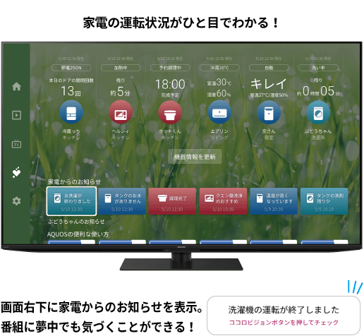 家電の運転状況がひと目でわかる！ 画面右下に家電からのお知らせ表示。番組に夢中でも気づくことができる！