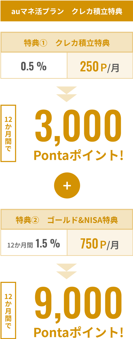 auマネ活プラン クレカ積立特典 12ヵ月間で3,000Pontaポイント!＋ゴールド&NISA特典 12ヵ月間で9,000Pontaポイント!