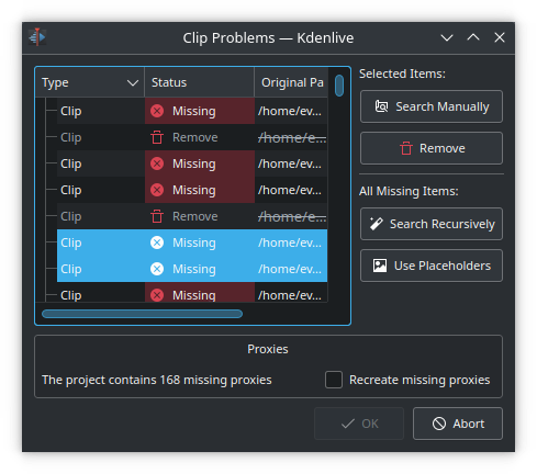 Missing clip dialog in Kdenlive