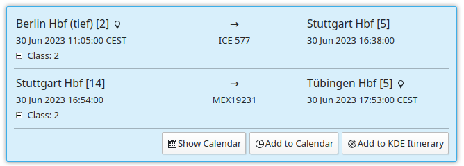 KMail ticket extraction showing a train trip from Berlin to Tübingen