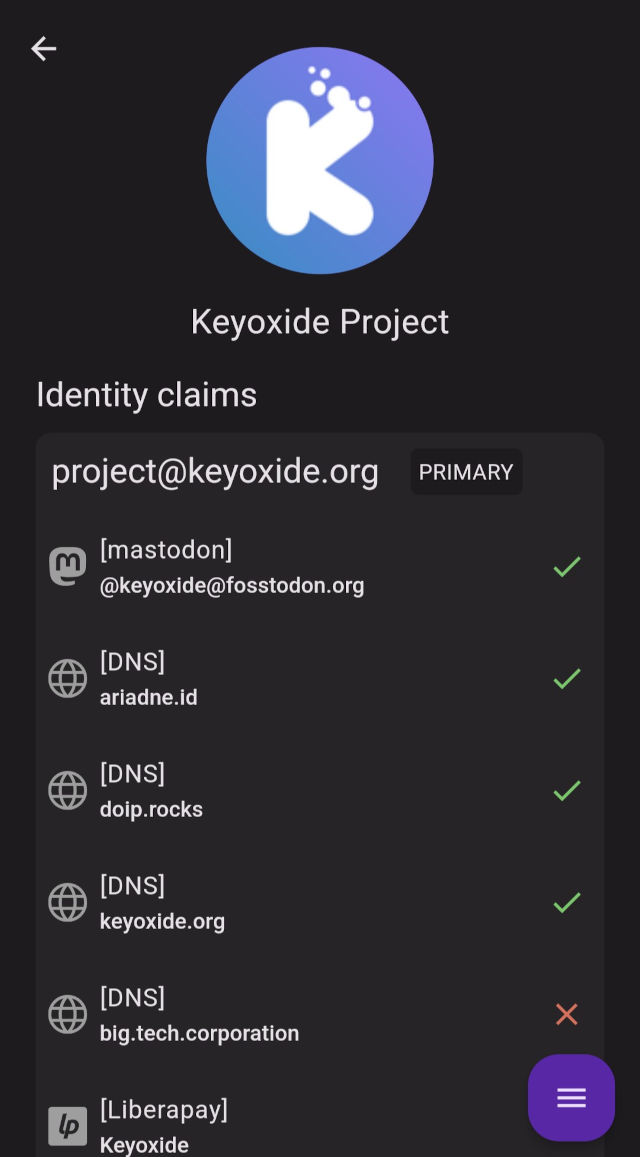 Screenshot of Keyoxide mobile app