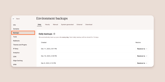 Interface in MyKinsta showing backup options.