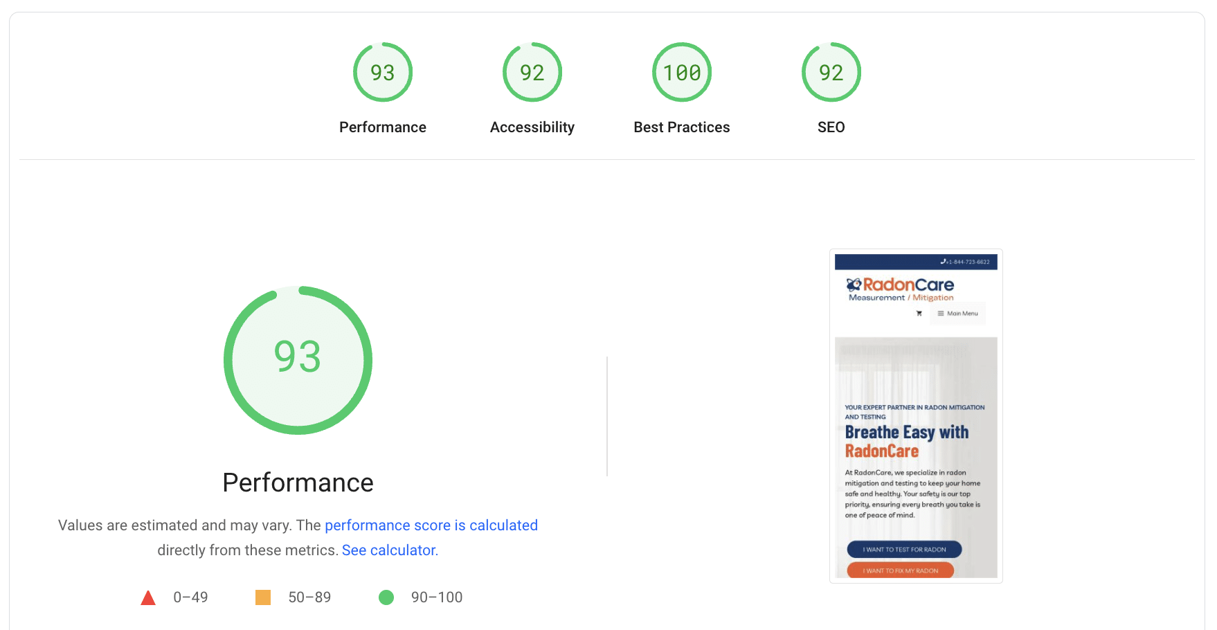 YEG Digitalのクライアントサイトの改善後のPageSpeed Insights指標