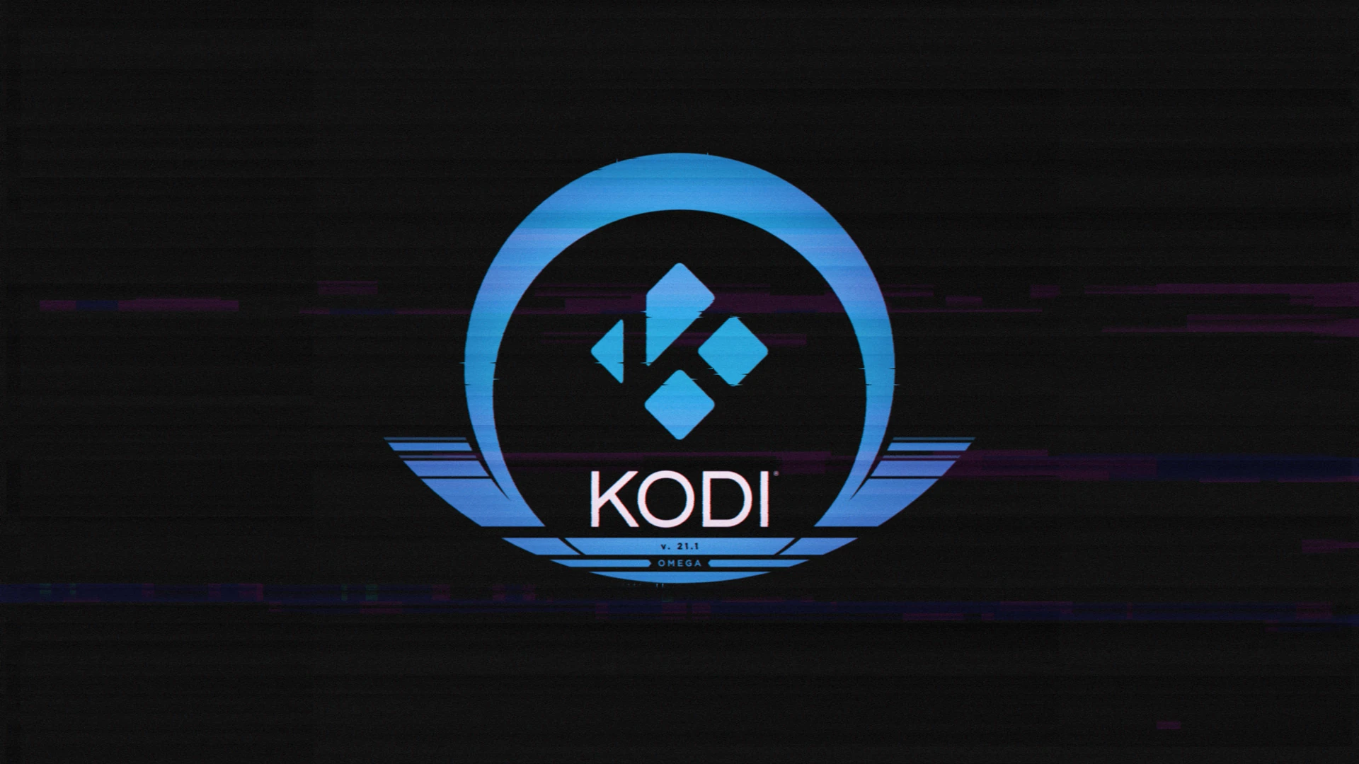 Kodi 21.1 "Omega" Splash Screen - the Kodi logo sits at the centre of a black screen, a stylised Greek letter "Omega" wrapped around it.