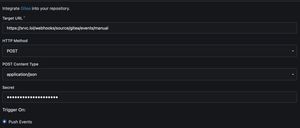 Screenshot of the Webhook configuration screen in Gitea. The URL field contains the Coolify deployment endpoint, the HTTP method is "POST", and the secret is filled in. The "Trigger on" radio button is set to "Push Events".