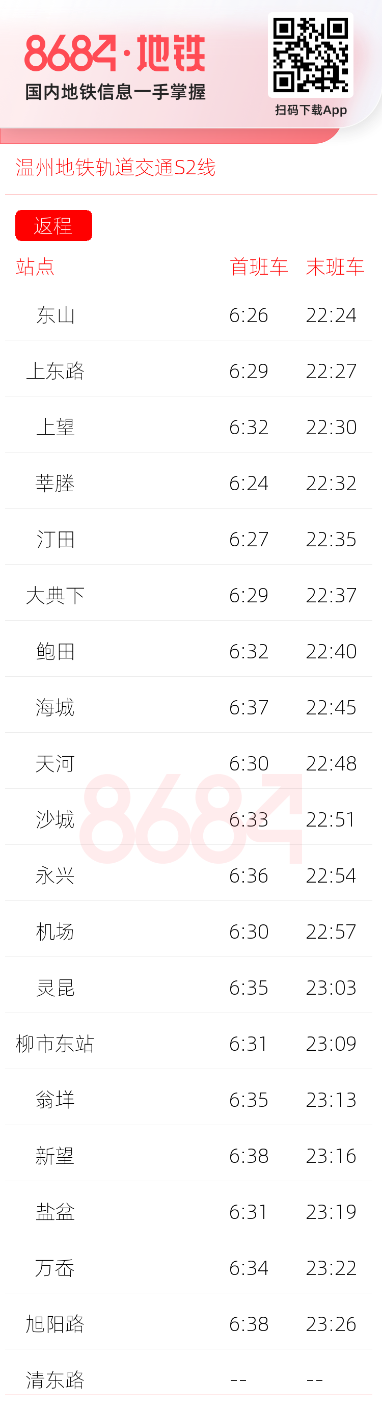 温州地铁轨道交通S2线运营时间表