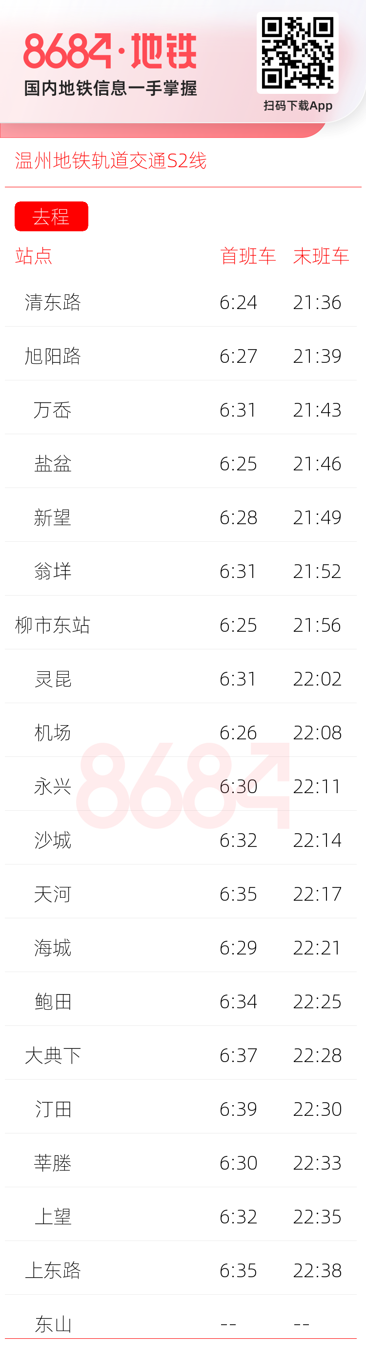 温州地铁轨道交通S2线运营时间表