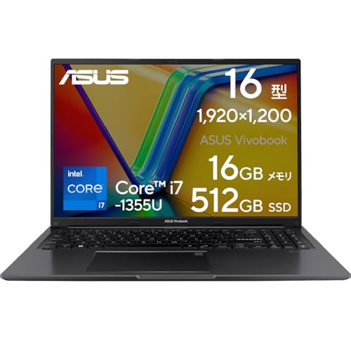 ASUS ノートパソコン Vivobook 16 16インチ 第13世代 Core i7-1355U メモリ16GB SSD512GB WPS Office搭載 Windows11 バッテリー駆動6.3時間 Type-C給電対応 重量1.88kg 指紋認証 インディーブラック X1605VA-MB333W