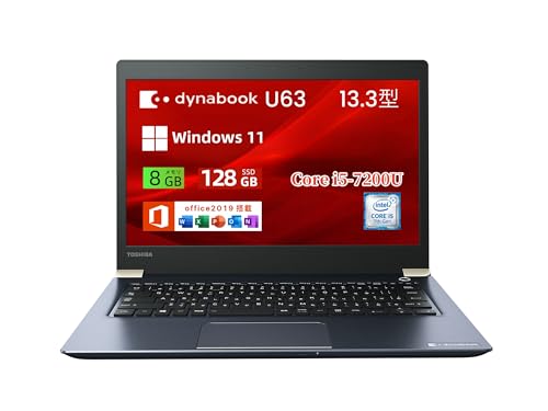 【整備済み品】 東芝 軽量 ノートパソコン dynabook U63 13.3型FHD(1920×1080) Core i5-7200U@2.5GHz/メモリ8GB/SSD 128GB/カメラ/WIFI/Bluetooth/HDMI/type C/Win 11 & MS Office 2019搭載 ノートPC (メモリ 8GB/SSD 128GB)