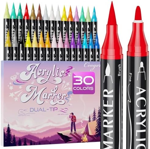 30 Colors Dual Tip Acrylic Paint Markers,Fine Tip and Brush Tip Permanent Acrylic Paint Pens For Rock Painting, Canvas, Wood, Glass, Ceramic, Fabric, Plastic, Egg, Scrapbook,Art Painting Supplies Kit