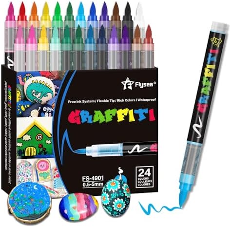 Alitastro 24 Colors Acrylic Paint Pens Waterproof Fine Point Brush Tip Creative Art Graffiti Acrylic Paint Markers Coloring Markers for Adults on Fabric Wood Canvas Rocks Painting