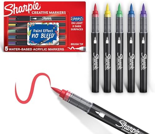 Sharpie Creative Acrylic Markers, Assorted Colors, Brush Tip, Water-Based, 5 Count Set, Perfect for Art Supplies, Crafts & Rock Painting