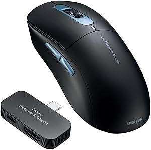 サンワダイレクト ワイヤレスマウス USBハブ機能付きレシーバー Bluetooth 無線 2.4G USB-C HDMI変換アダプタ 4K/60Hz PD充電 充電式 5ボタン ブラック×ブルー 400-MAWBT209BK2