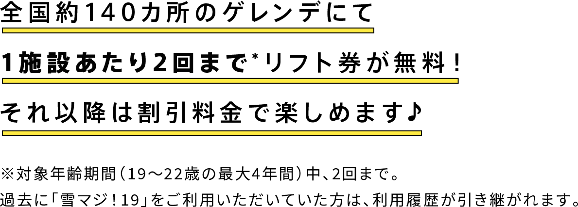 全国約140カ所のゲレンデにて1施設あたり2回まで*リフト券が無料！それ以降は割引料金で楽しめます♪※対象年齢期間（19～22歳の最大4年間）中、2回まで。過去に「雪マジ！19」をご利用いただいていた方は、利用履歴が引き継がれます。