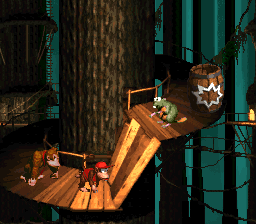 Donkey and Diddy Kong approaching a Gnawty in Tree Top Town