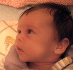 A closeup picture of a baby girl's face in profile, looking off to the left with an expression not unlike wonder.  Or perhaps hunger.