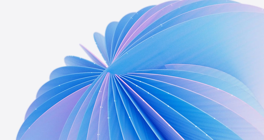 A close-up image of a blue installation featuring several overlapping, fan-shaped panels. The edges of the panels exhibit a gradient of blue to purple hues. The installation appears to be an abstract or artistic representation with a soft, glowing appearance.