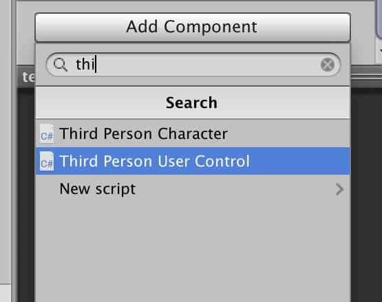 キャラにThird Person User Controlスクリプトをアタッチ