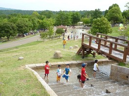 高低差約20ｍ、全長210ｍの丘の流れは夏場に人気の水遊びスポット