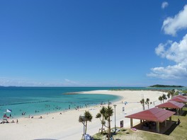 公園の近くにはエメラルドグリーンの海が広がる