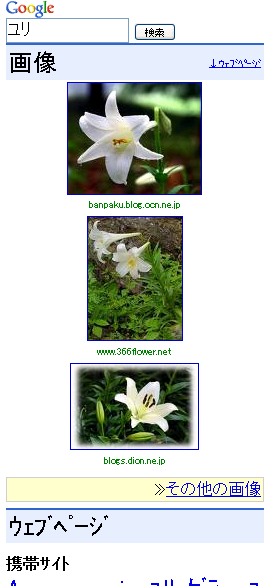 図1 Googleモバイルにおいて、「ユリ」で検索をした際の結果画面（“画像”といった表現を入れなくても、結果に画像データが表示される）