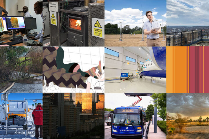 A 4x10 grid of images. Image one shows a person looking at a computer screen. Image two shows a wood burning stove inside a laboratory. Image three shows a person stood outside holding a notebook. Image four shows a doppler lidar on a rooftop. Image five shows a tree fallen in a road. Image six shows an animation of a woman sat reading by a window. Image seven shows a research aircraft inside a hangar. Image eight shows red and orange vertical stripes. Image nine shows a person wearing a red winter coat stood on ice sheet in front of scientific instrument. Image ten shows a cityscape at sunrise. Image eleven shows an electric bus charging. Image twelve shows a sunrise with dark grey clouds, sandy brown grass, trees and bushes.