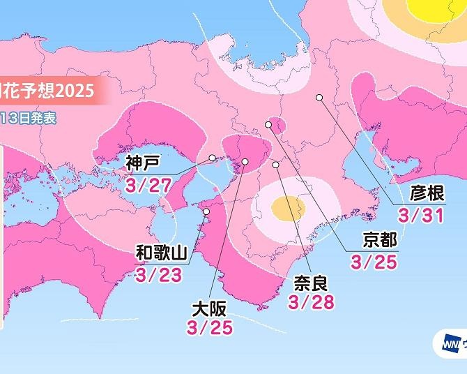 2025年の桜開花予想(近畿・中国・四国・九州編)　西日本は3月下旬に開花の予想