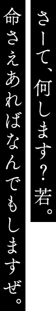 さーて、何します？若。命さえあればなんでもしますぜ。