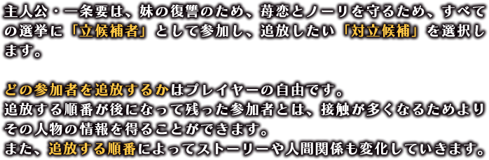 主人公・一条要は、妹の復讐のため、苺恋とノーリを守るため、すべての選挙に「立候補者」として参加し、追放したい「対立候補」を選択します。

                  どの参加者を追放するかはプレイヤーの自由です。
                  追放する順番が後になって残った参加者とは、接触が多くなるためよりその人物の情報を得ることができます。
                  また、追放する順番によってストーリーや人間関係も変化していきます。