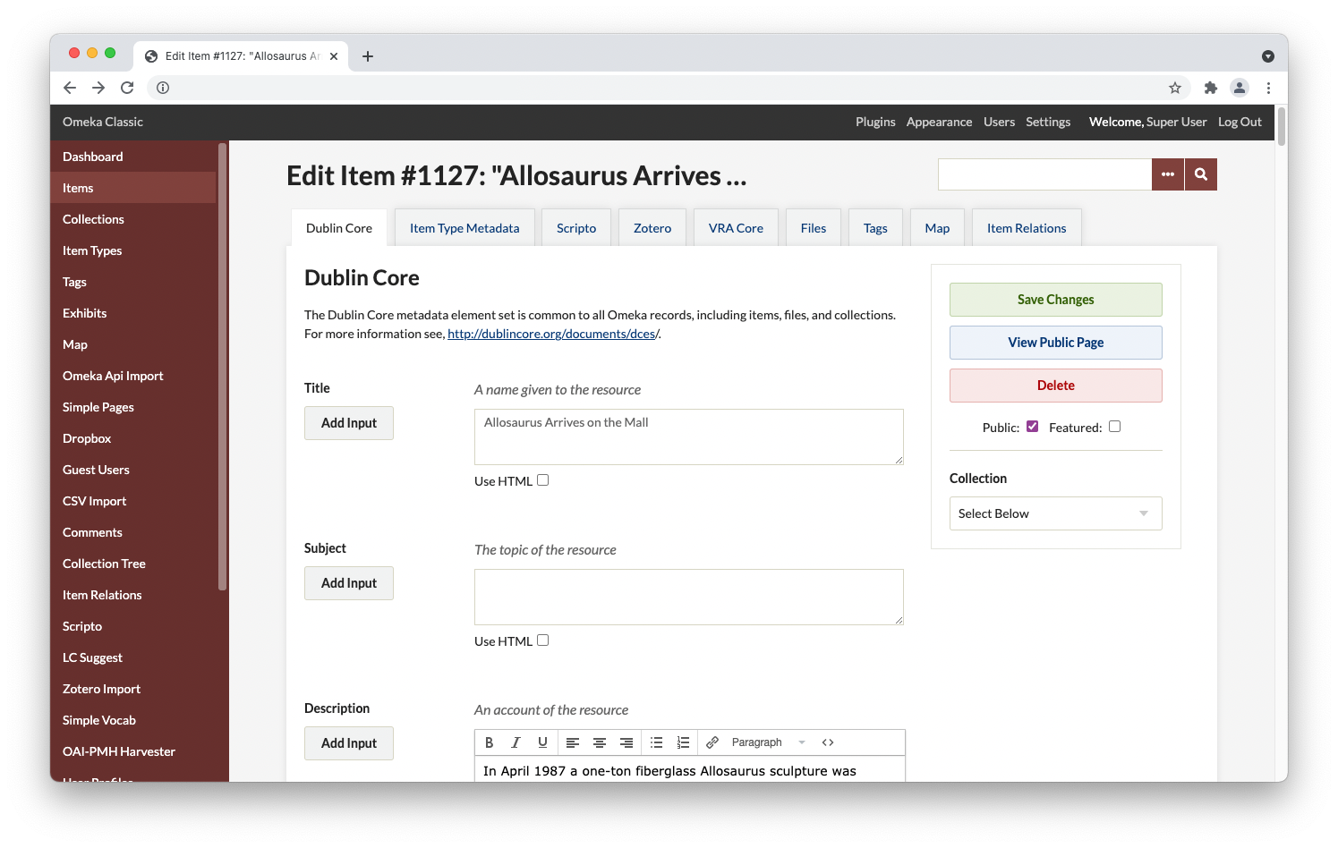 Screenshot of metadata editor interface within Omeka Classic admin