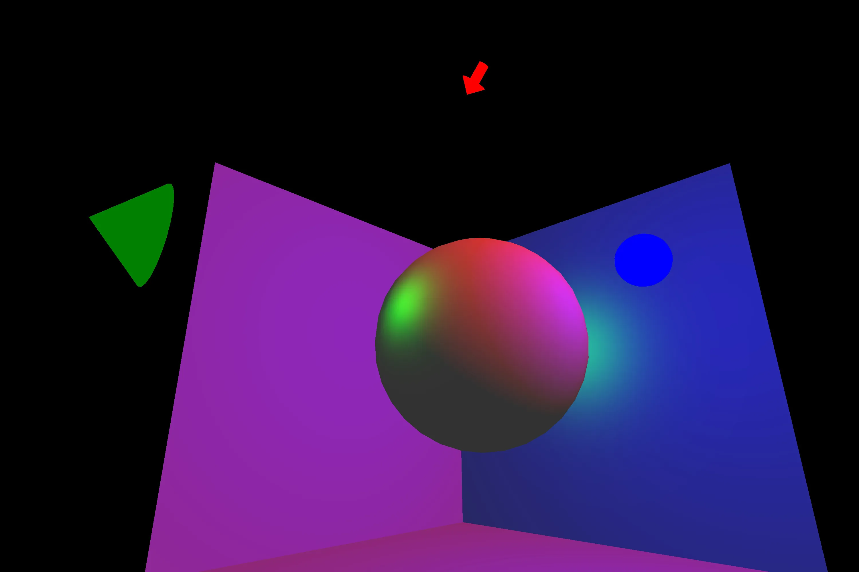 A sphere in front of some walls and a floor, lit by a red, green, and blue light.