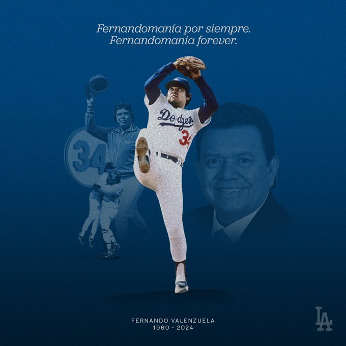 A graphic mourning the loss of Fernando Valenzuela with cutouts of him and text that reads: Fernandomania por siempre and Fernandomania forever.