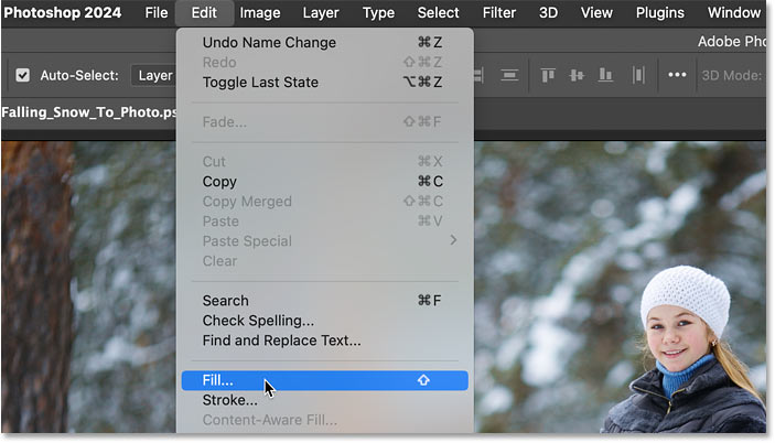 Choosing Fill from the Edit menu in Photoshop.