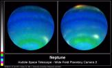 These two NASA Hubble Space Telescope images provide views of weather on opposite hemispheres of Neptune. Taken Aug. 13, 1996; these composite images blend information from different wavelengths to bring out features of Neptune's blustery weather. 
