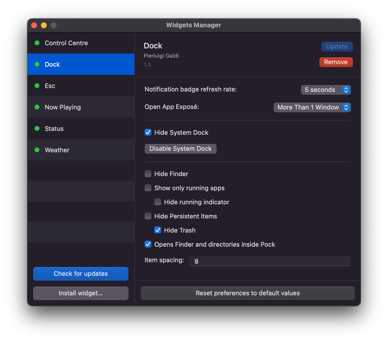 Dock Widget Preferences